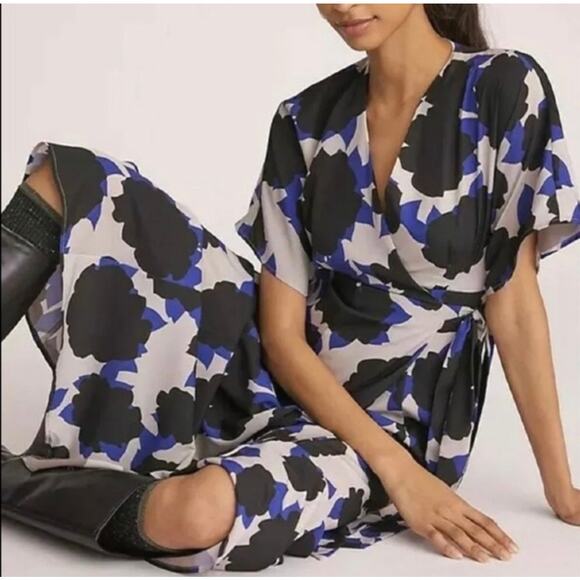 Anthropologie Hutch Geo Abstract Wrap Maxi Dress size M, Black Blue | NEW $190 - Picture 2 of 5